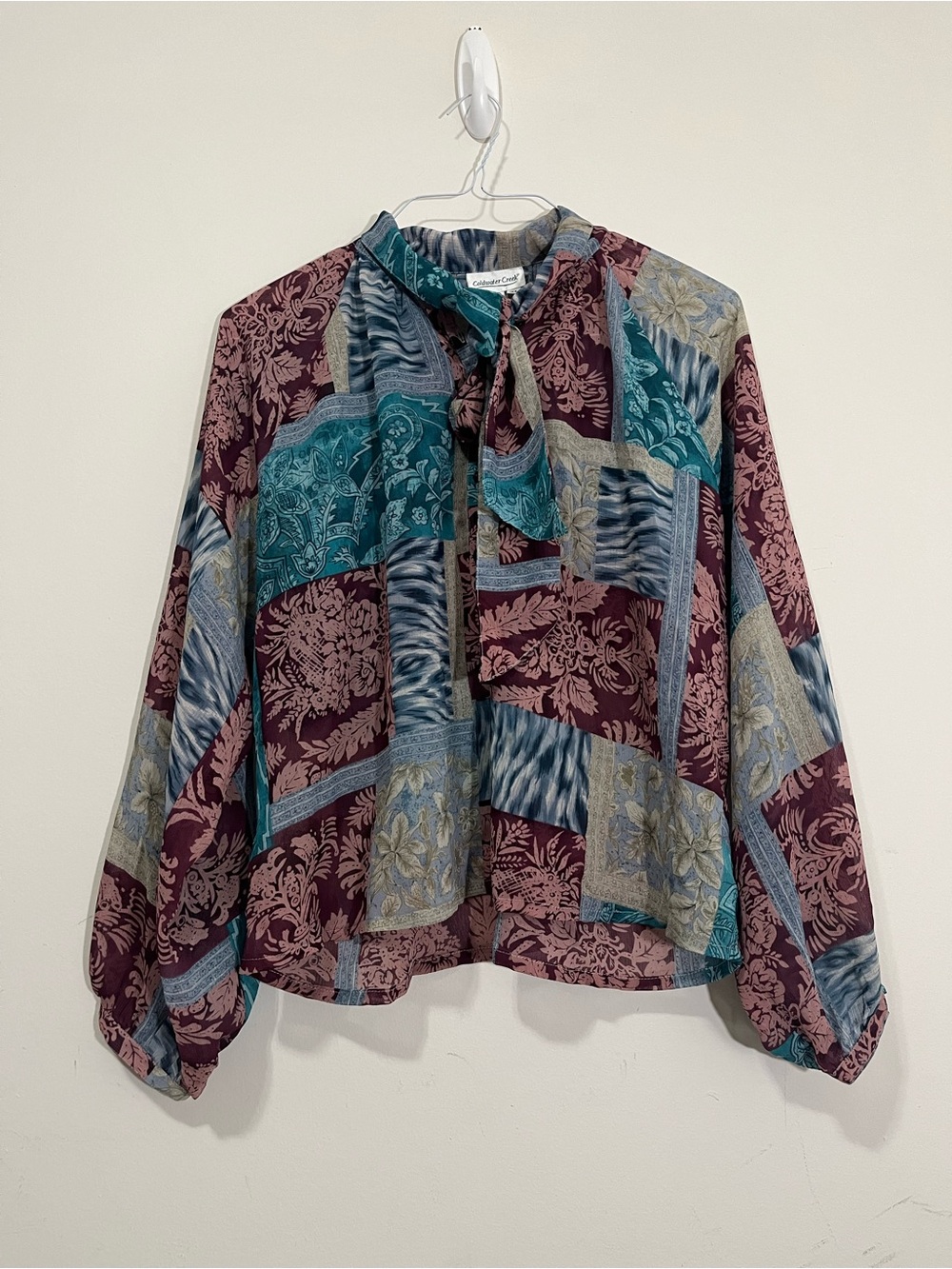 Coldwater Creek XL Patchwork Blouse Red Blue Tie Scarf Neck Long Sleeve Floral